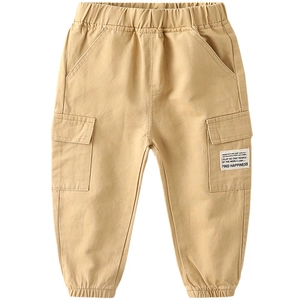 Boys khaki cargo pants with elastic waist and side pockets for casual autumn fashion
