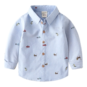 Boys light blue Oxford long sleeve shirt with colorful cartoon animal and car prints