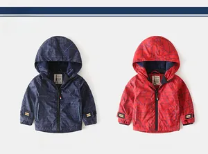 Detail of navy and red hooded windbreaker jackets with geometric line patterns for kids