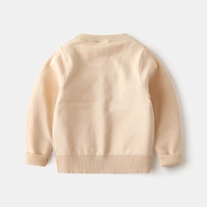 Classic crewneck beige knitted sweater for boys with ribbed cuffs and hem, back view