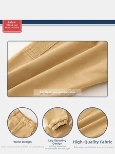 Detail view of khaki cotton trousers featuring elastic waist and ribbed cuffs for kids