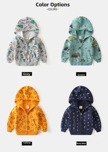 Detail of four colorful toddler hoodies with diverse cartoon prints and zip-up hooded design