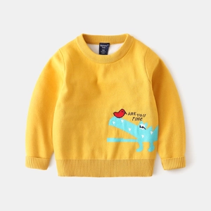 Lemon yellow boys knitted sweater with cute cartoon crocodile and rib trim