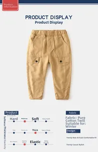Détails du pantalon d'hiver pour enfant en sergé de coton kaki avec taille élastique et poches cargo