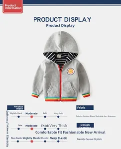 Detail of grey toddler hoodie showing rainbow striped cuffs and sun badge on the chest