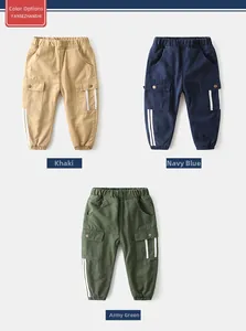 Three-color display of children's thick joggers with elastic waist and cargo side pockets