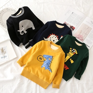 Kids Fleece Lined Knitted Sweater Boys Girls Thick Cartoon Dinosaur Elephant Pullover Round Neck Winter Warm Clothing