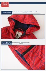 Detail of red kids jacket featuring ribbed elastic collar and smooth black zipper closure
