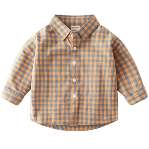 Klassisches orange-blau kariertes Langarm-Baumwollhemd für Jungen im britischen Stil