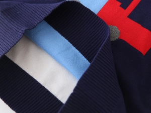 Detail of multi-color knitted cuff and hem featuring high-density ribbed texture