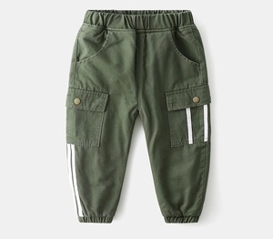 Detail of army green kids cargo pants with elastic waist and white side stripes