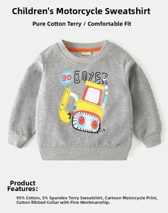 Detailed view of kids grey sweatshirt featuring cotton fabric and bulldozer print