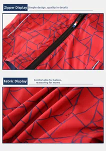 Close-up of durable black zipper and geometric patterned windproof fabric on kid's jacket