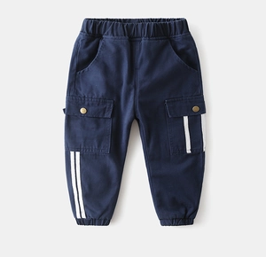 Detail showing elastic waistband and deep blue cargo pockets with white stripes on kids trousers