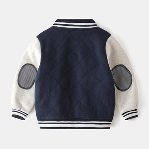 Boy's navy blue quilted baseball jacket with grey sleeves and striped rib cuffs back view