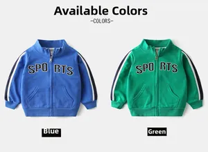 Detail of zip-up hoodies in blue and green with SPORTS lettering and side stripes