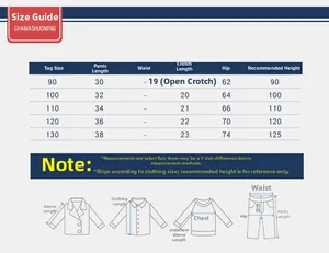 Detailed size chart for boys' casual shorts featuring measurements for 90-130cm height