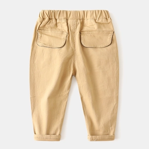 Boys' khaki cotton casual trousers with elastic waist and large back flap pockets
