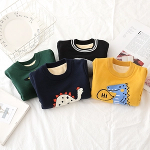 Fleece-lined kids' dinosaur sweaters in green, black, navy, and yellow colors