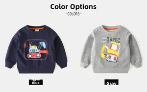 Detail showing high-quality navy blue and gray toddler sweatshirts with cartoon crane prints