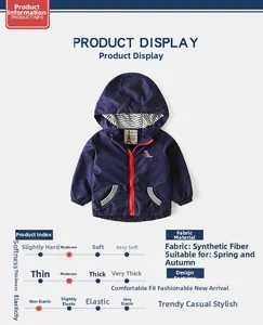Detail of navy kids hoodie with red zipper and small dinosaur embroidery on the chest