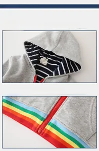 Detail of grey hoodie with rainbow stripes hem and striped lining interior texture