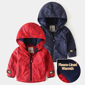 Boys Fleece Lined Hooded Jacket Autumn Winter Warm Kids Geometric Pattern Windproof Coat Outerwear Zipper Hoodies For Children