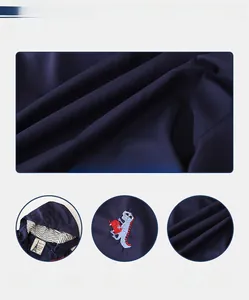 Detail of navy blue kids hoodie featuring dinosaur embroidery and striped lining detail