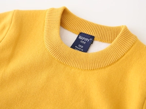 Close-up of bright yellow knit sweater featuring a ribbed crew neck and woven size label