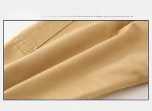 Close-up of khaki twill cotton fabric with high-density stitching for kids pants
