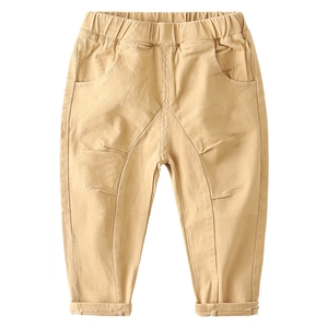 Boys casual cotton khaki pants with elastic waistband and large side pockets