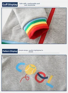 Detail of grey hoodie showing rainbow ribbed cuffs and cool graphic print for boys