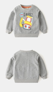 Front and back view of grey kids' sweatshirt with cartoon bulldozer print and rib details
