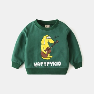 Close-up of ribbed neckline and cartoon dog graphic on green cotton kids sweatshirt