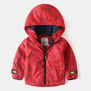 Boys red hooded winter jacket with blue geometric web pattern and warm fleece lining