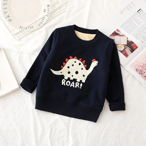 Close-up of kids navy knit sweater featuring cartoon dinosaur embroidery and cozy lining