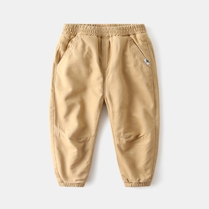 Kids thickened khaki fleece joggers with elastic waist and stylish animal patch detail