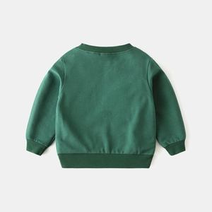 Detail view of the back of a dark green kids sweatshirt with ribbed cuffs and hem