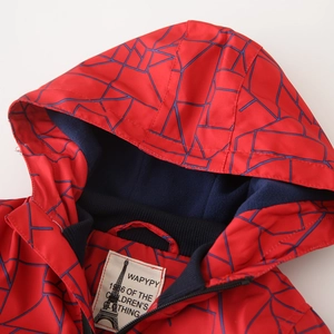 Winter red hooded jacket for boys with blue fleece lining and geometric print