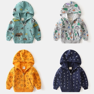 Kids Cotton Full Print Cartoon Hooded Zip Up Hoodie Korean Style Casual Dinosaur Nautical Pattern Long Sleeve Jacket