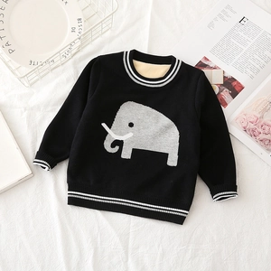 Detail of kids knit sweater with fleece lining and cute elephant cartoon pattern