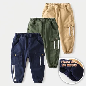 Boys Fleece Lined Cargo Pants Cotton Blend Warm Winter Casual Trousers With Pockets Stripes For Toddler Boys Outdoor Daily Wear