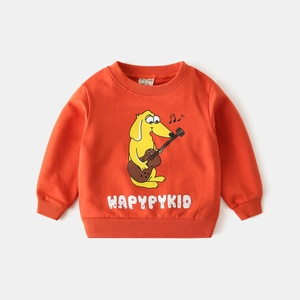 Bright orange kids long sleeve sweatshirt with cute cartoon dog playing guitar