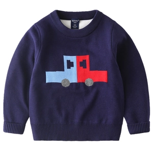 Navy blue kids car pattern knitted sweater with round neck for little boys
