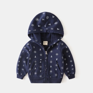 Navy blue kids hooded zip-up sweatshirt with white nautical anchor and sail patterns