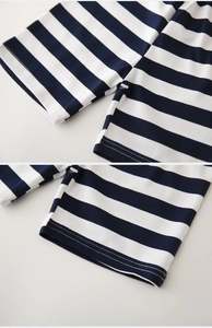 Detail of blue and white striped knit fabric showing neat stitching on the cuff edges