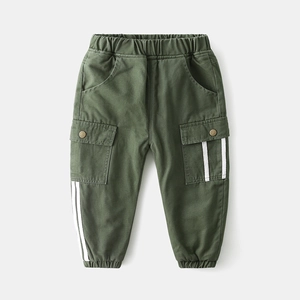 Army green kids cargo pants with elastic waist and side pockets with white stripes
