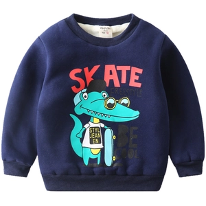 Kids navy blue fleece sweatshirt featuring cartoon skating crocodile and ribbed cuffs