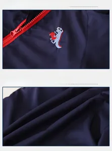 Close-up of kids navy blue zip-up hoodie featuring colorful dinosaur embroidery detail