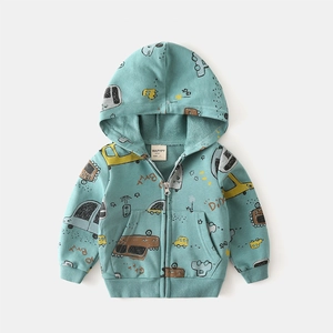 Kids zip-up hoodie with cartoon dinosaur prints in light teal soft knitted cotton